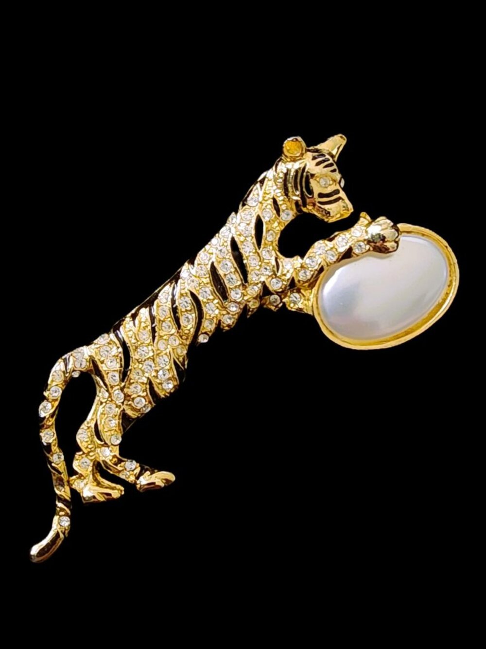 VINTAGE 80s Oversized 3.5" Gold-Tone Tiger Brooch w/ Faux Pearl Cabochon